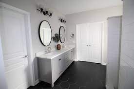 75 dark wood floor bathroom with gray