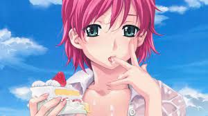 Download wallpaper face, strawberry, vacation, cream, blue sky, licks, a  piece of cake, pink hair, visual novel, a finger to his mouth, Resort BION,  Nao Iihara, by Happoubijin, section mood in resolution