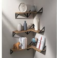 3x Corner Wall Shelves Industrial Wood
