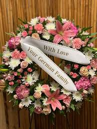 pink funeral wreath customize ribbon