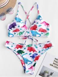 Zaful Dinosaur Lace Up Padded Bikini Swimsuit Multi A Multi B