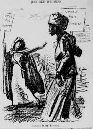 overt racism after new york heritage cartoon depicts a black suffragist being turned away by a white suffragist the caption votes for white women
