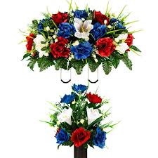 From silk roses to daisies to sunflowers, we have faux funeral and cemetery flowers which will send across your sincere wishes. Sympathy Silks Artificial Cemetery Flowers Red Blue Rose With White Amaryllis Bouquet With Saddle Walmart Com Walmart Com