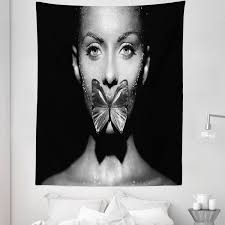 black and white tapestry woman with a