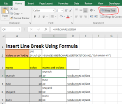 insert a line break using formula in excel