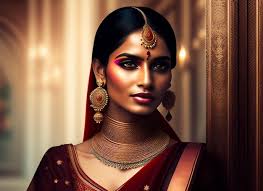 a woman with a red saree and gold eyes