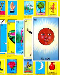 Mexican loteria cards in a reading. Loteria The Licensing Group Ltd