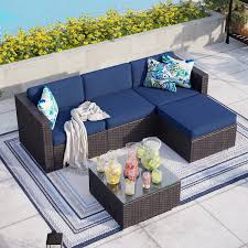 mf studio 5 piece patio sofa set outdoor furniture sectional all weather wicker rattan sofa navy blue