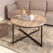 Modern Round Metal Coffee Table Wood X