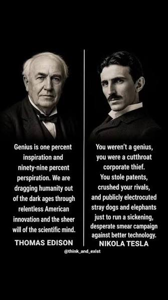 Title:, Innovation or Exploitation? — Thomas Edison vs Nikola Tesla, Caption:, Is progress driven by genius…, or by power behind it?, Context:, Thomas Edison represents the myth of innovation—, where ...