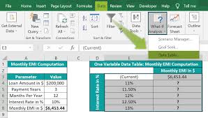 one variable data table in excel