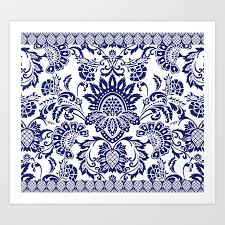 Damask Blue And White Art Print By