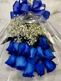 dozen blue roses gift wrapped in