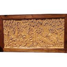 Carved Teak Wood Wall Sculpture Panel