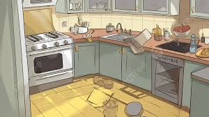 cartoon of kitchen with appliances and