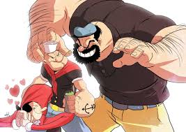 eslam aboshady, bluto, olive oyl (popeye), popeye, popeye the sailor,  highres, 1girl, 2boys, angry, evil smile, hat, heart, multiple boys,  muscular, muscular male, pipe in mouth, sailor, smile, smoking pipe,  spinach -