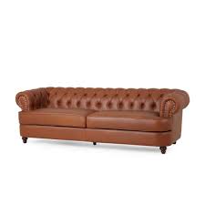 litch chesterfield leather tufted 3 seater sofa with nailhead trim cognac brown and brown