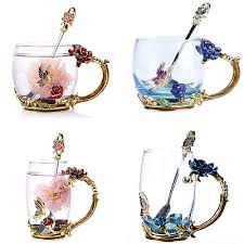 Enamel Glass Rose Flower Tea Cup Set