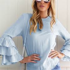 Hot Fashion Female Elegant Rutterfly Sleeve Light Blue Blouses Round Collar Shirt Ladies Tops School Blouse Women Plus Size Light Blue Blouse Blouse Fashionblouses Plus Aliexpress