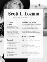 Black White Overlay Glamour Photographer Resume Templates By Canva
