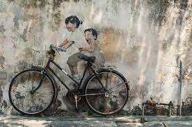 Penang Street Art Kids On Bicycle In