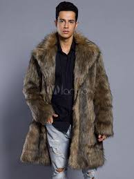 Brown Faux Fur Coat Men Overcoat