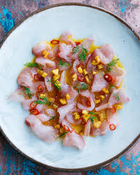 kingfish sashimi with mandarin and dill