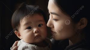 female asian child mother holding
