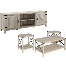Greenforest coffee table and end table bundle industrial style living room furniture set of 2 with shelf, easy assembly, rustic walnut. 4 Piece Barn Door Tv Stand Coffee Table And 2 End Table Set In Rustic White Oak 1981821 Pkg