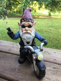 Biker Garden Gnome Statue With Peace