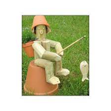 wooden flower pot man with wishing well