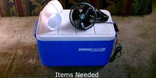 Bucket, styrofoam liner, pvc pipe, small fan, and ice. Cooler And Pvc Pipe Air Conditioner Costs 50 To Make