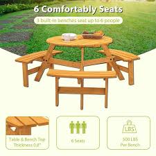 Btmway Natural 6 Person Diy Round Fir Wood Outdoor Picnic Table With Benches Umbrella Hole High Capacity