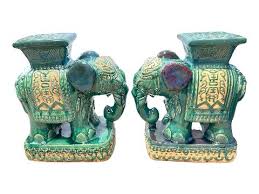 Pair Of Glazed Pottery Elephant Garden