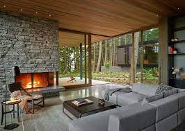 gray floor and wood ceiling living room