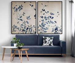 Set Of 2 Navy Blue Leaves Wall Prints