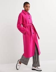 Belted Textured Wool Maxi Coat Pink
