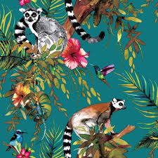 Lemur Jungle Animal Wallpaper Dark Teal