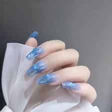 ocean blue diamond false nail long