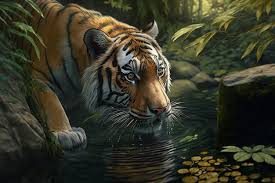 a tiger drinking water in a forest