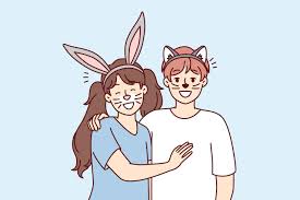 Boy and girl stand hugging with fake animal ears and painted mustaches on  faces for homparty