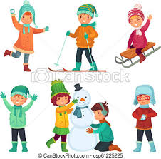 Cartoon Winter Kids Children Play In Winters Holiday Sledding And Making Snowman Childrens Characters Vector Set