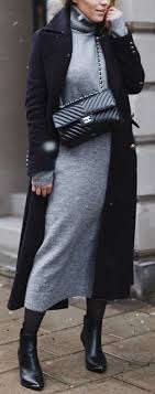 Grey Midi Dress Black Trench Coat