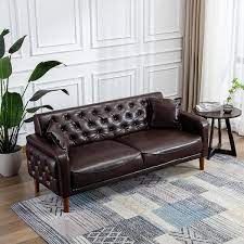 Kinwell 78 In Wide Square Arm Faux Leather Mid Century Modern Straight Tufted Sofa With Pillows In Brown