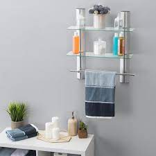 2 Tier Adjustable Glass Shelf With Aluminum Frame And Towel Bar Silver