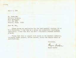 Wayne Grahams 1991 Cover Letter For The Rice Baseball Head