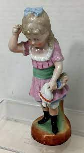 Antique Porcelain Girl w Doll Spanking Victorian Style Dress 7 1/2