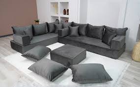 Velvet Fabric Dark Gray L Shaped Couch
