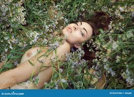 Nude Attractive Adult Woman Outdoors Laying on Flower Field Stock Photo -  Image of night, bare: 85437684
