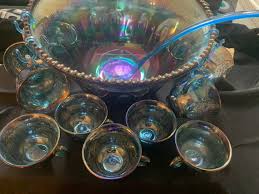 Blue Carnival Glass Punch Bowl Set
